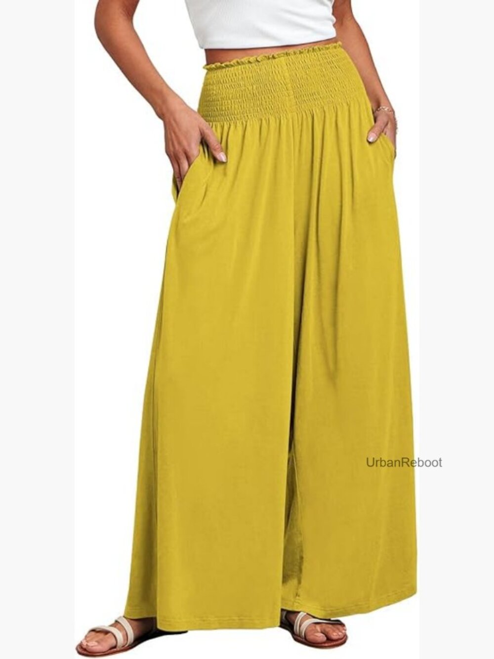 Wide Leg Palazzo Pants - Smocked High Waist Loose Lounge with Pockets